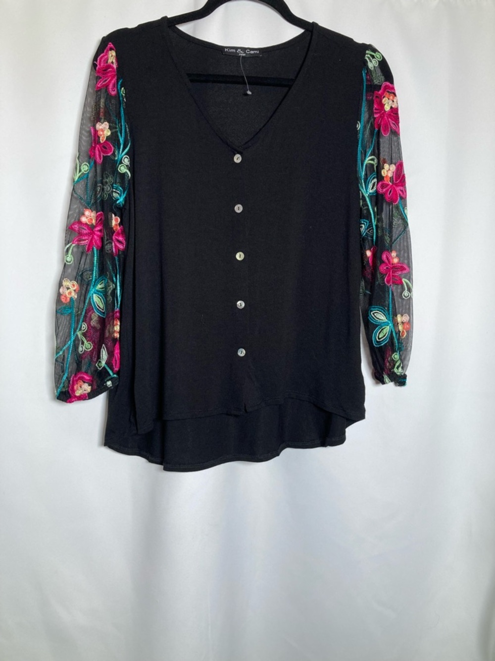 NWOT Kim & Cami Black Sheer Floral Embroidered Sleeve Button-Front Cardigan Top